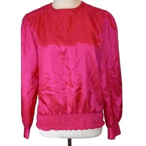 Vintage 80s Hot Pink Blouse Smocking Long Sleeves Button Cuffs